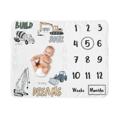 Construction Truck Collection Boy Baby Monthly Milestone Blanket - Grey Yellow Black Blue and Green Transportation Chevron Arrow