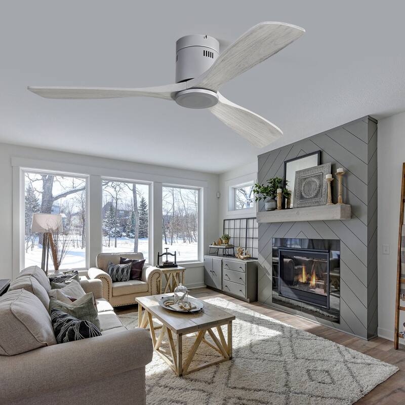 52'' Flush Mount Ceiling Fan with DC 3 Carved Wood Blades and Remote Control, without Light - 52''×52''×10.24''