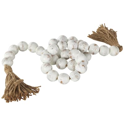 Wood Handmade Distressed Beaded Garland with Tassel - Cream - Roche River Decor