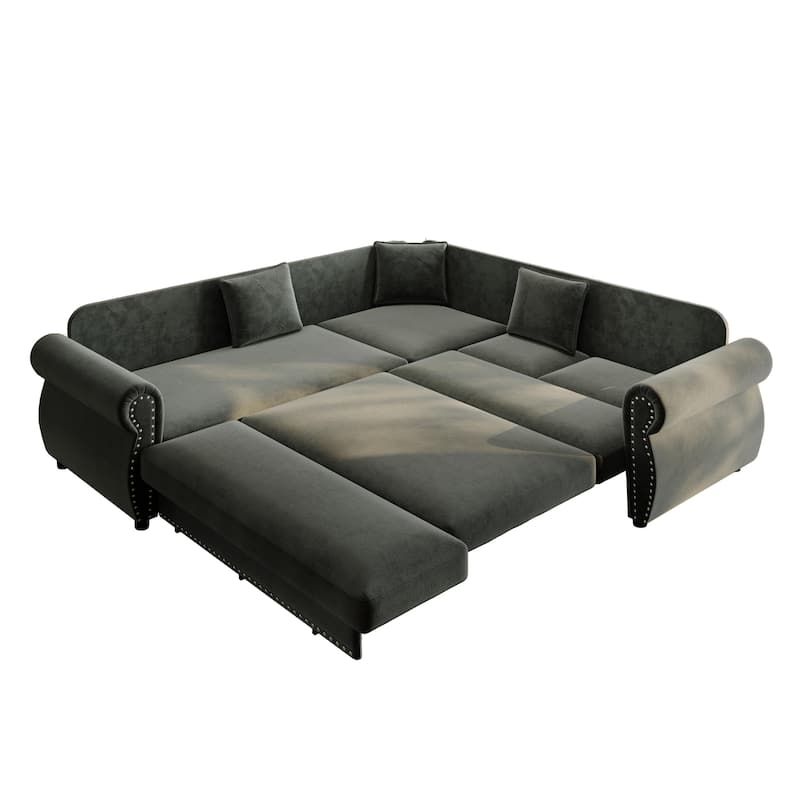 88.2" L-Shaped Sleeper Sectional Sofa with Pull-Out Bed - Chenille Convertible Couch, Nailhead Trim, for Living Room