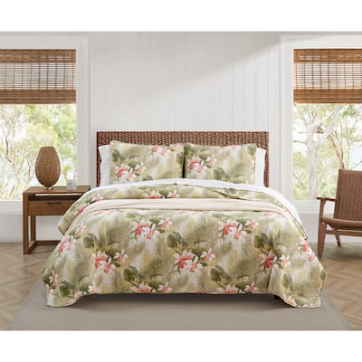 Tommy Bahama Tropical Orchid Green Cotton Reversible Quilt Set