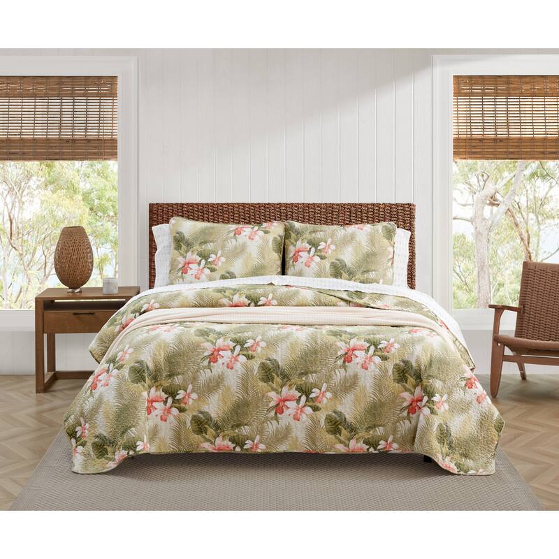 Tommy Bahama Tropical Orchid Green Cotton Reversible Quilt Set - Twin