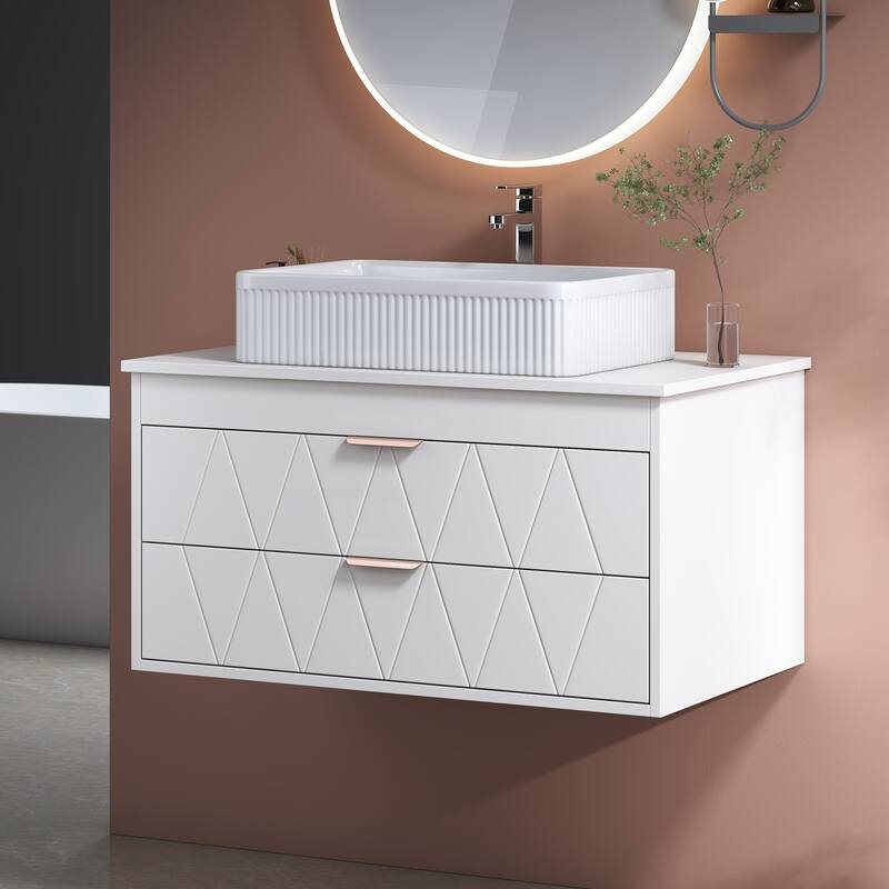 Wall-mounted Bathroom Vanity with Vertical Textured Ceramic Sink, Drawers with Diamond-patterned Design and Rose Gold Handles