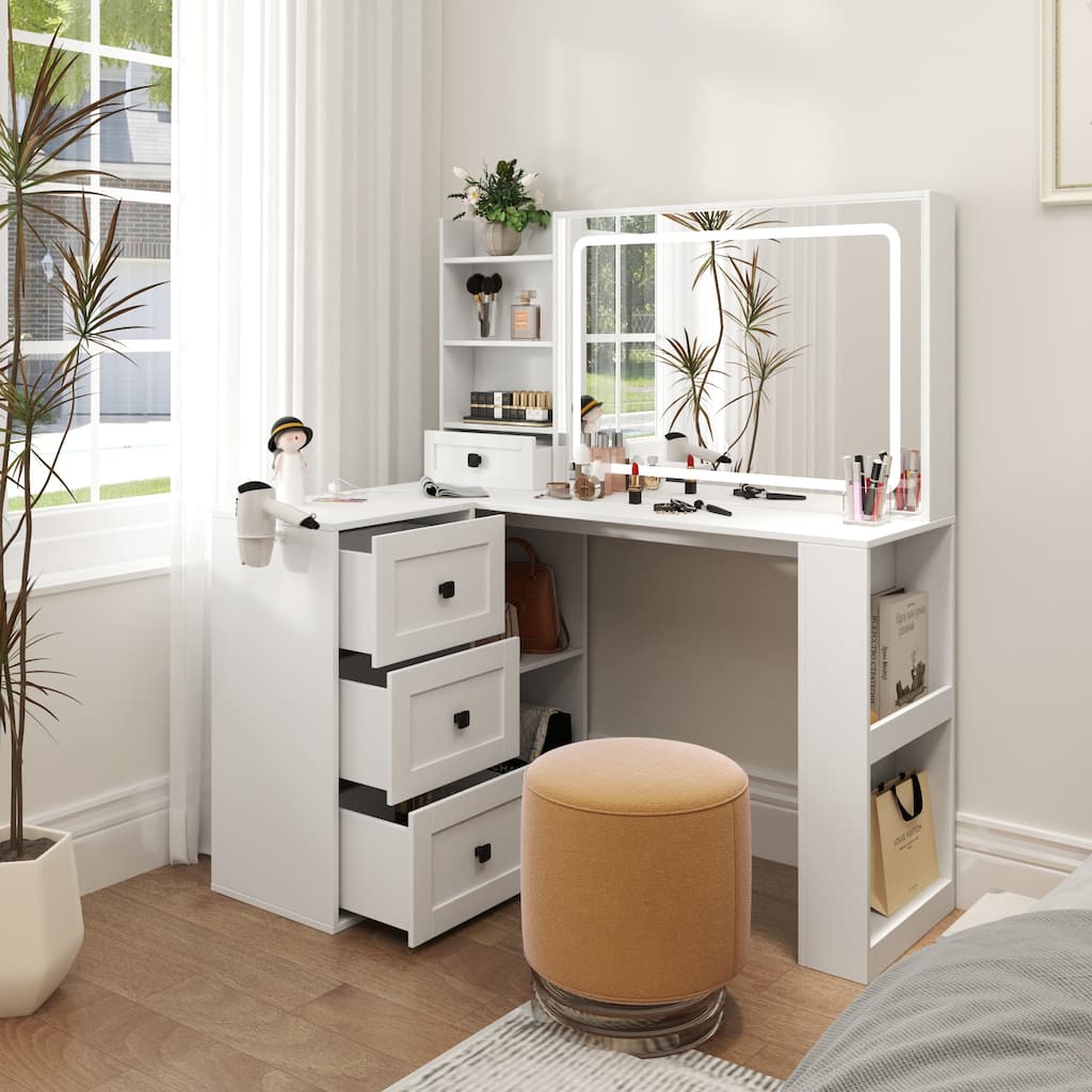 Vanity Desk with LED Lights Makeup Vanity with Power Strip, 3 Drawers and Mirror, Dressing Table Writing Desk Art Desk Hair Desk
