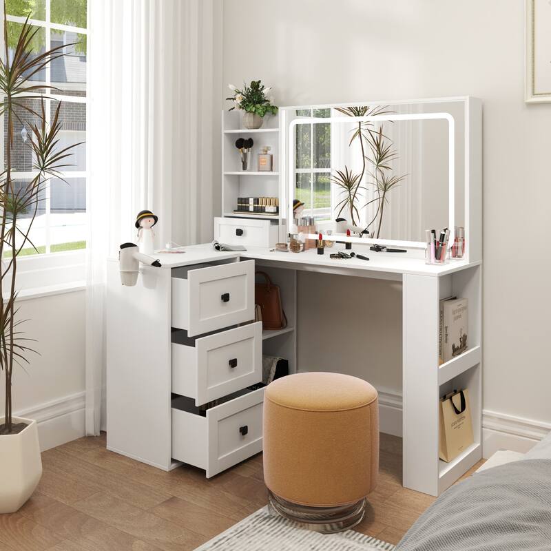 Vanity Desk with Lights & Power Strip, Large Bedroom Makeup Table, Dressing Table Set with Stool, 3 Drawers & 7 Shelves
