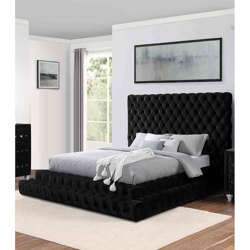 Luxury Black Finish Fully Upholstered 1pc Step up Platform Bed