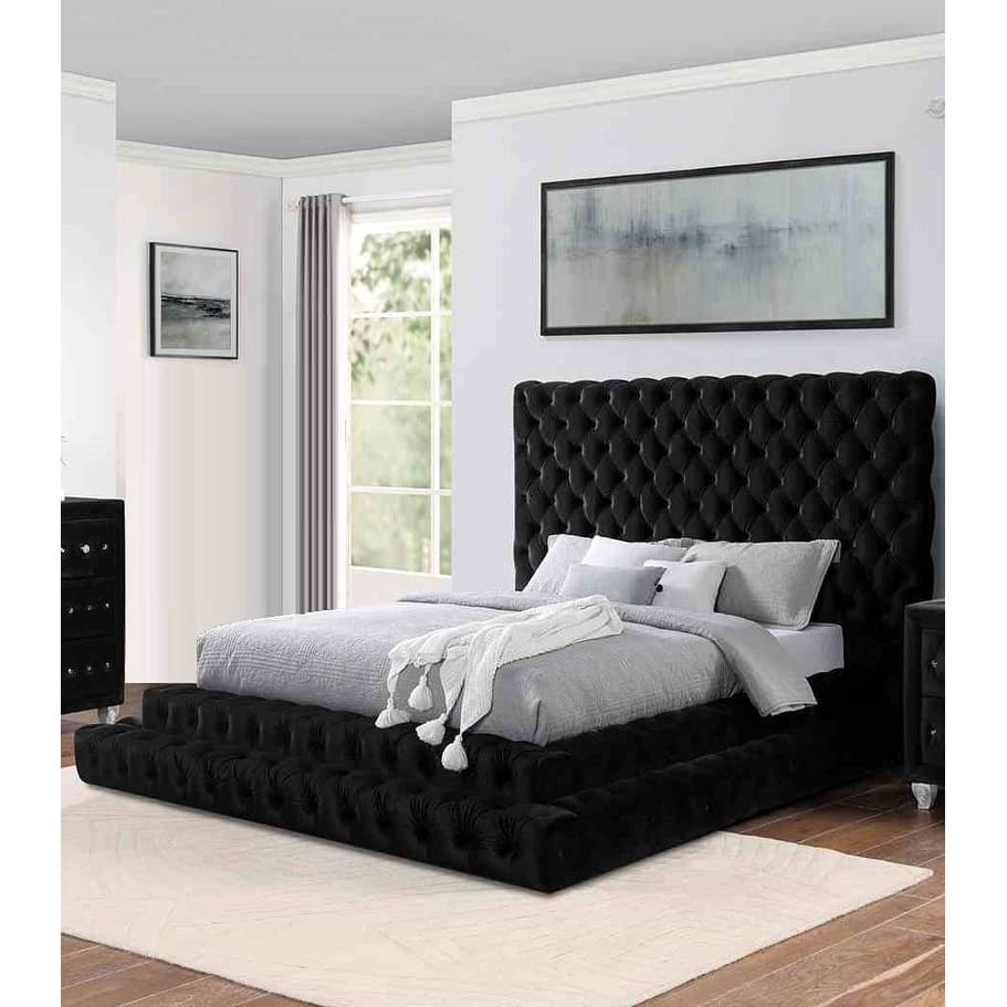 Luxury Black Finish Fully Upholstered 1pc Step up Platform Bed