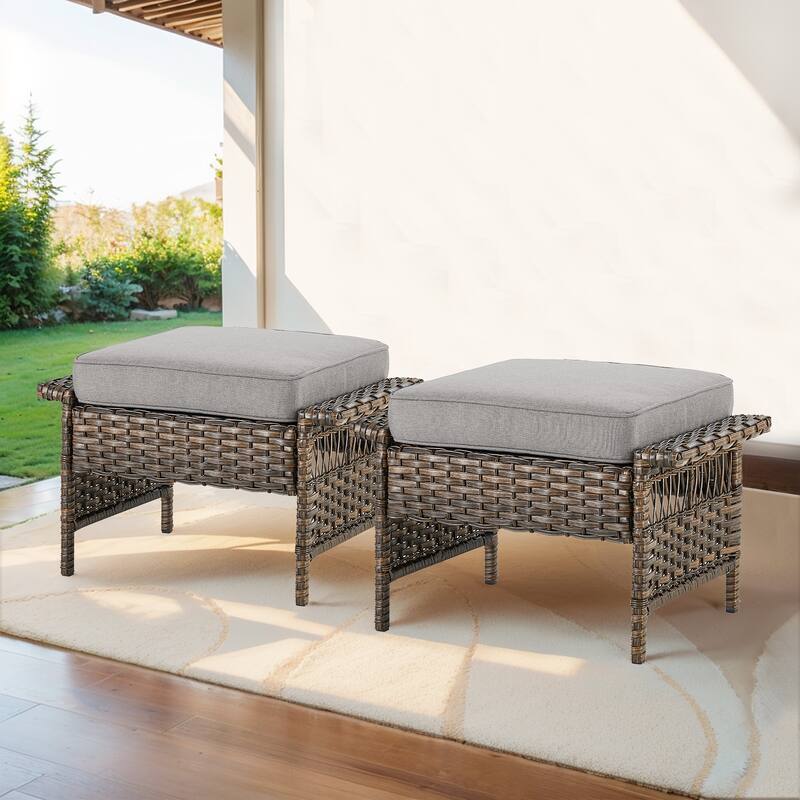 Outside Wicker Ottoman Footstools Set - Brwon Wicker Grey Cushion - 2PCS Ottomans