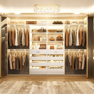 Set of 2 Closet System with Wooden Drawers and Hanging Rods, Closet Organizer with Adjustable Storage Shelves