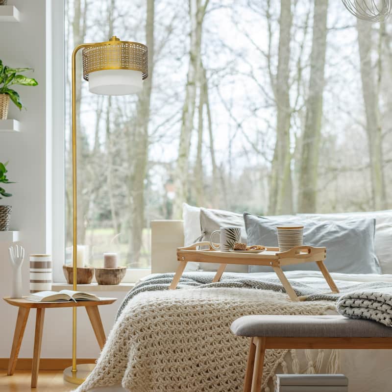 Eliza River of Goods Gold Metal and Fabric Two-Piece Shade 65.25-Inch Floor Lamp - 15.5" x 12" x 65.25"