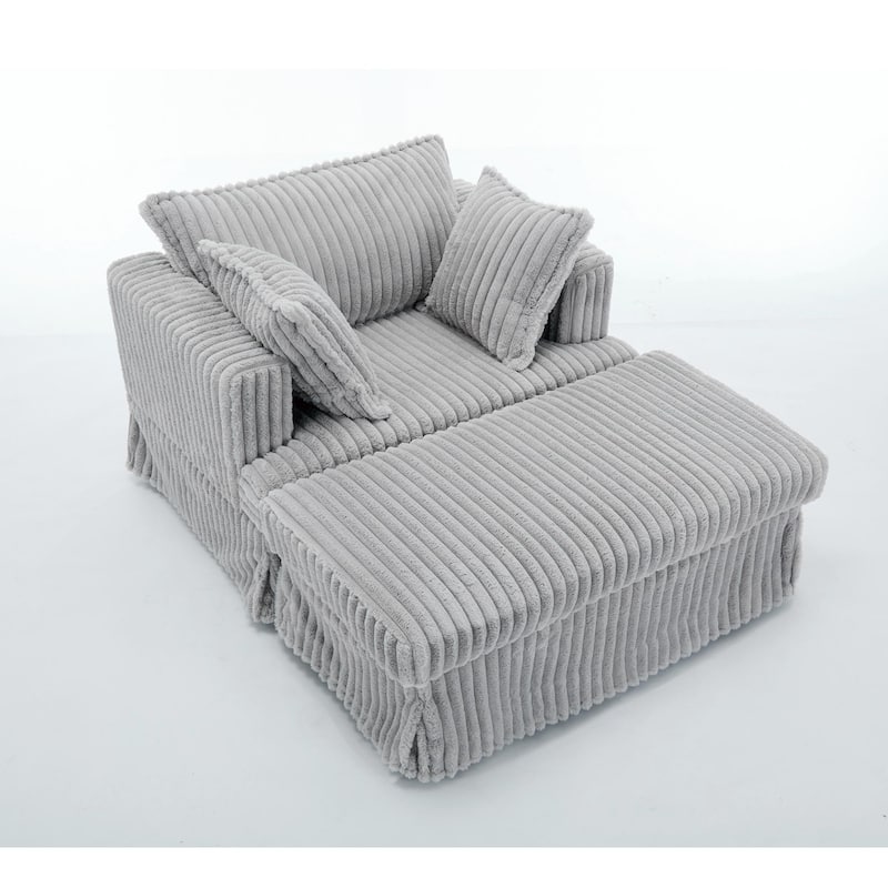 Deep Seat Sofa Chair & Ottoman Set, Corduroy Single Chaise Longue Reclining Couch with Thicked Upholstered, Pillows and Skirted