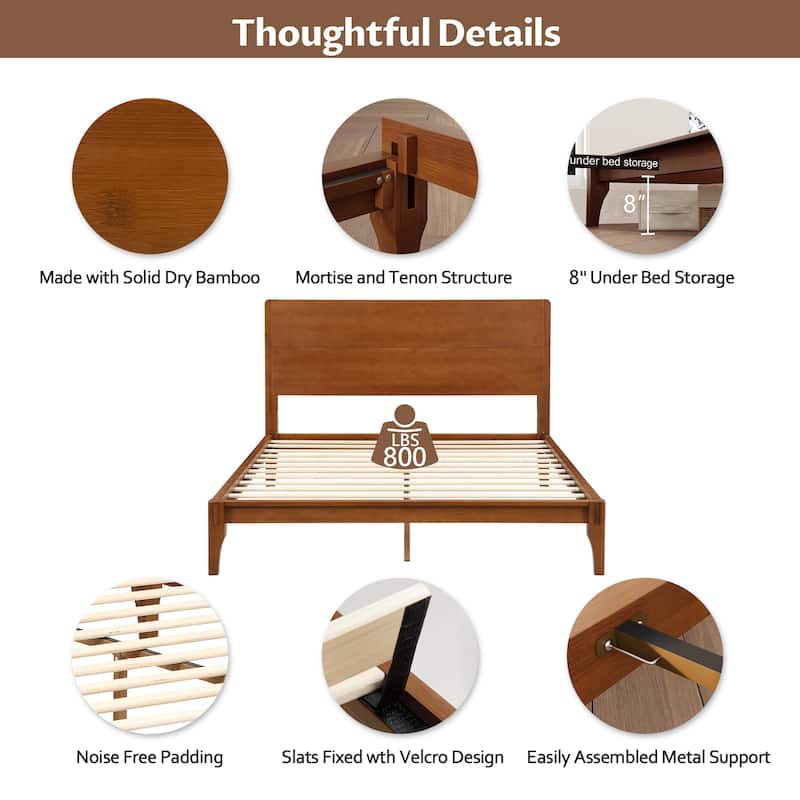 Bamboo Wood Platform Bed/Mid-Century Modern Bed Frame with Tall Headboard/Wood Slat Support/No Box Spring Needed/Easy Assembly