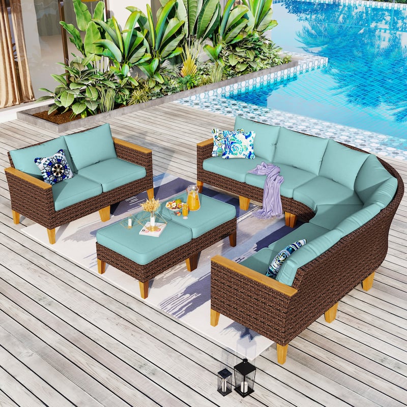12-Seat Outdoor Wicker Half-Round Furniture Set, Half-Moon Sectional Sofa All Weather Curved Conversation Set - 10-Seat - Type K