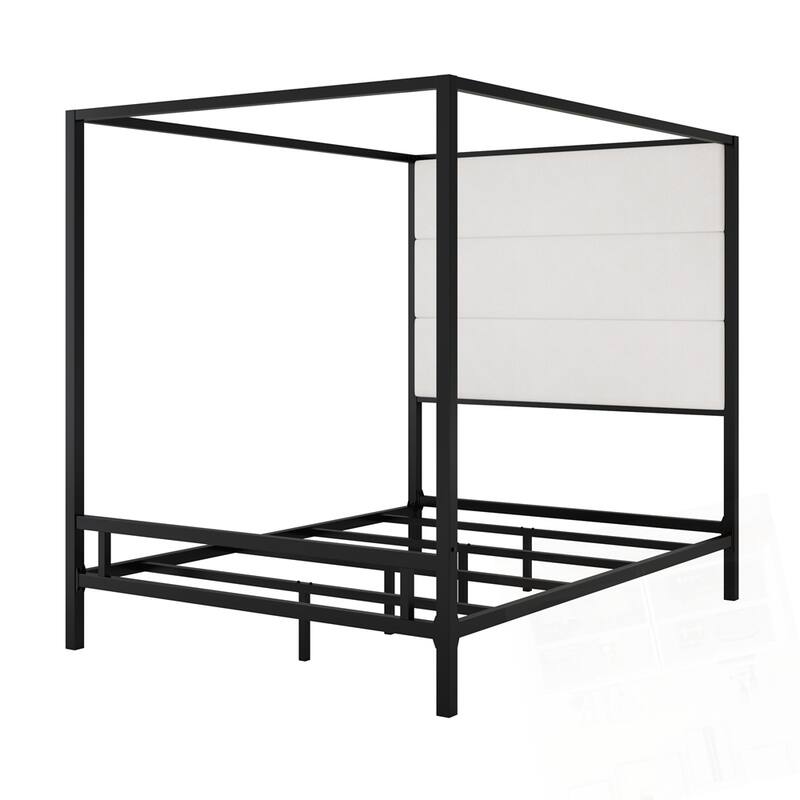 Metal 4-Poster Bed Frame Modern Canopy Upholstered Bed with Tall Upholstered Headboard