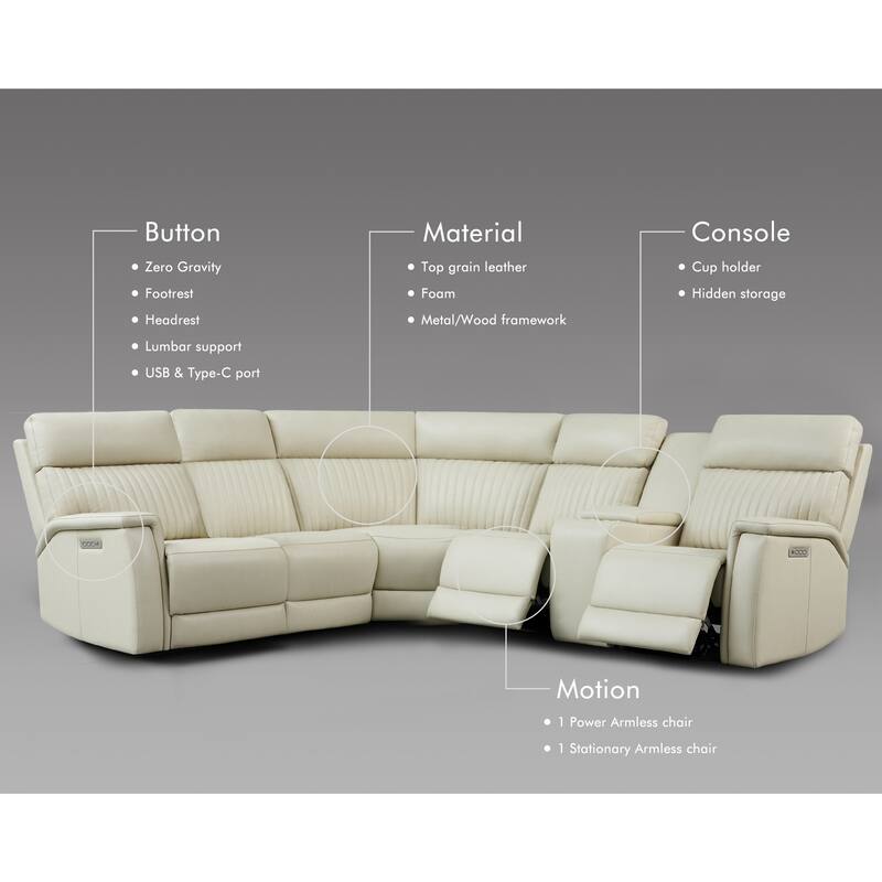 6PCS, 3 power Recliners, Leather Reclining Sectional with Power headrest & lumbar, USB & USB-C Ports