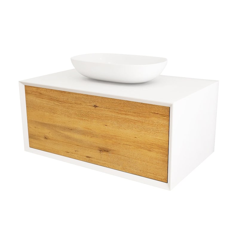 Wall Mounted Bathroom Vanity Set with White Solid Surface Top and Vessel Sink