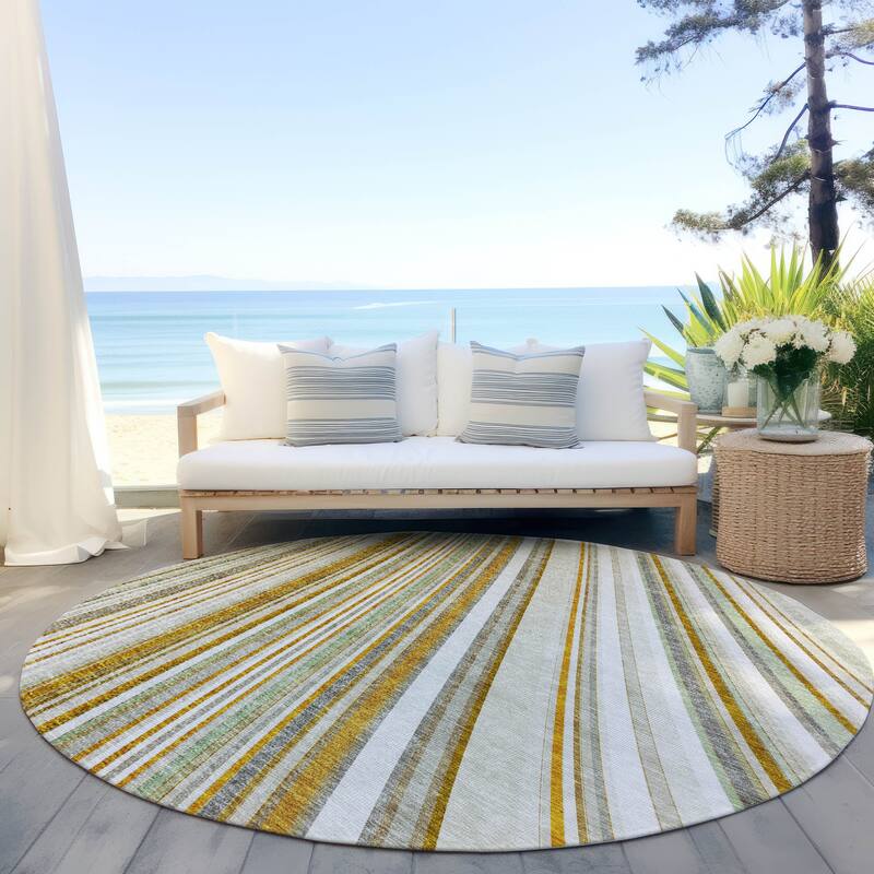 Machine Washable Indoor/ Outdoor Stripe Wave Chantille Rug - Linen - 8' x 8'