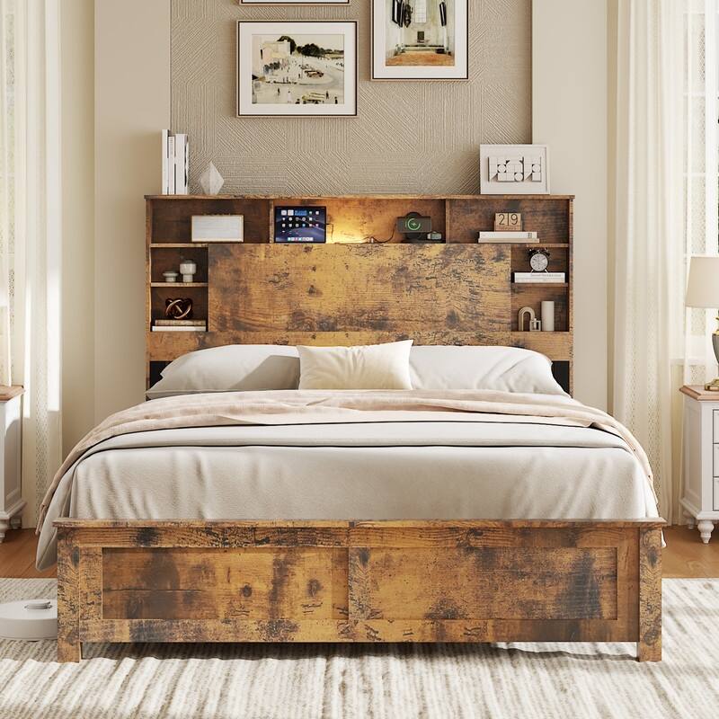 alazyhome Wooden Platform Storage Bed Frame with Charging Station, LED Lights & Bookcase - Full