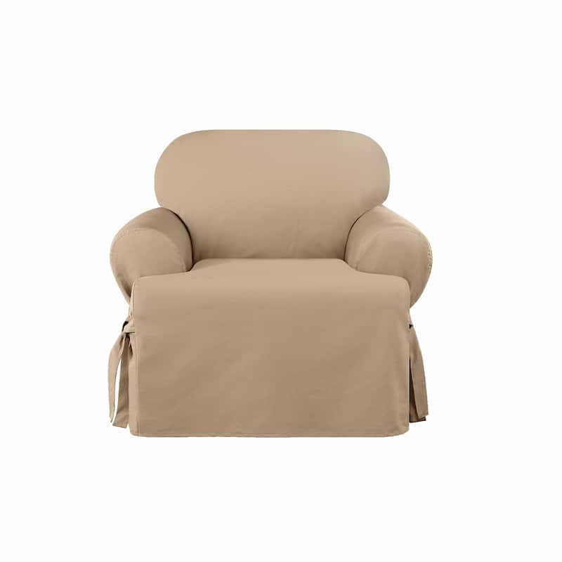 SureFit Heavyweight Cotton Duck One-Piece T-Cushion Chair Slipcover with Seat Elastic - Khaki