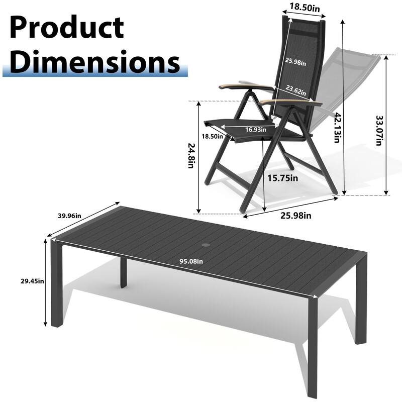 9-Piece Outdoor Patio Dining Set Wood Like Table Top Aluminum Rectangular Umbrella Hole Table with Folding Armrest Chairs