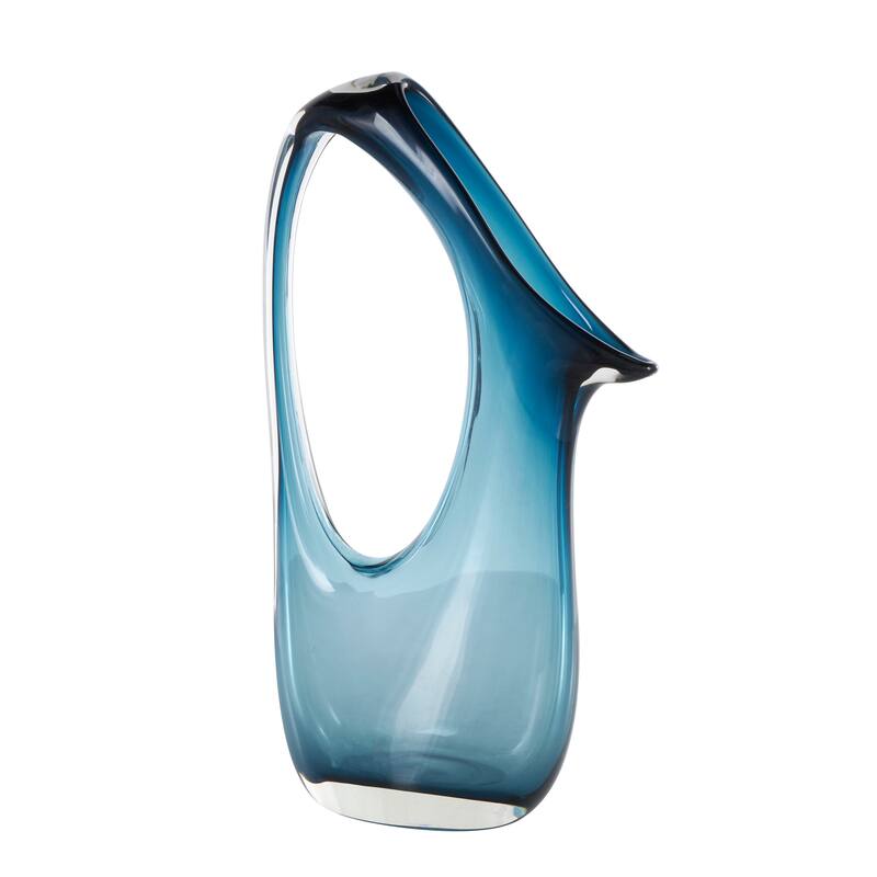 Blue Glass Abstract Vase with Cutout Handle and Elongated Opening