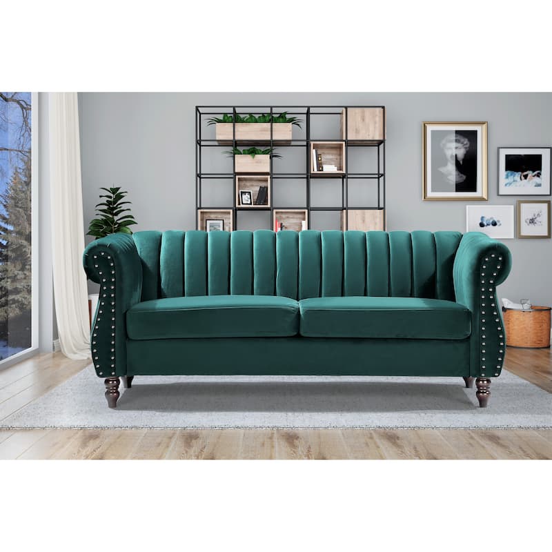 Charlot Velvet Chesterfield Rolled Arm Sofa - Green