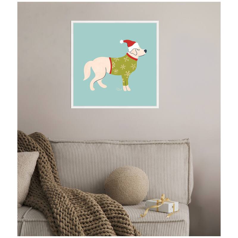 Kate and Laurel Framed Canvas Cute Christmas Golden Retriever by Carrie Cantwell