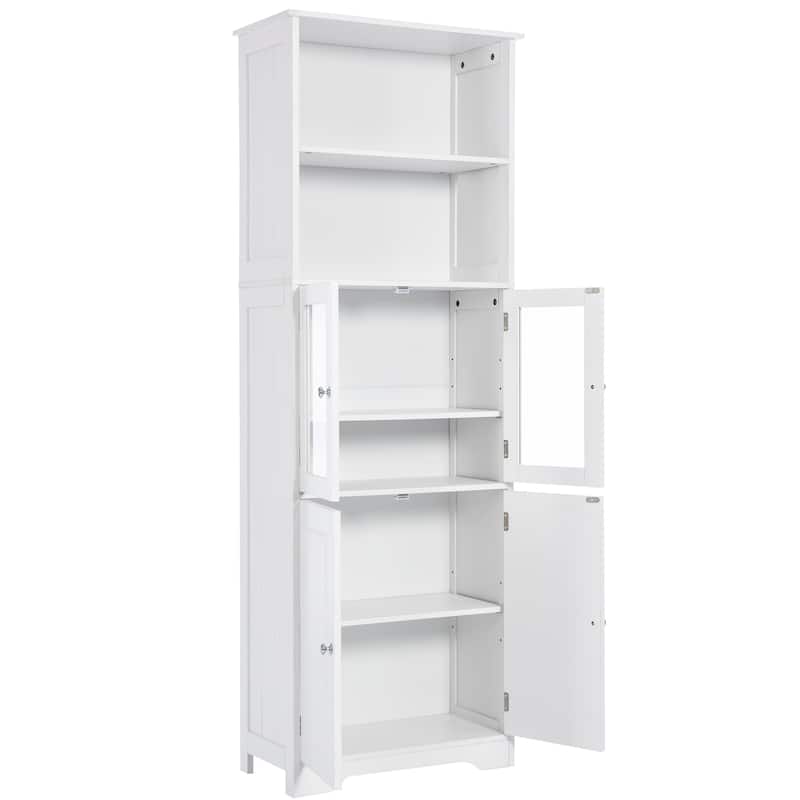 4-Door Bathroom Storage Cabinet 64" High Bathroom Floor-to-ceiling Cabinet Towel Cabinet with Open Storage Rack Glass Door
