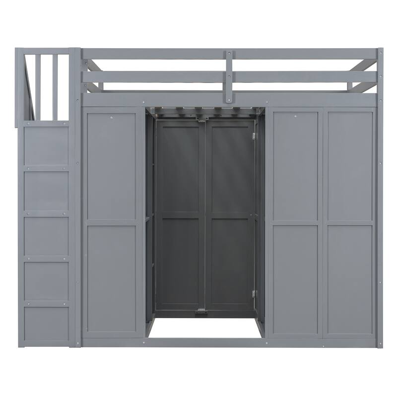 Full Size Loft Bed with Built-in Wardrobe, Desk and Shelves in Modern Gray