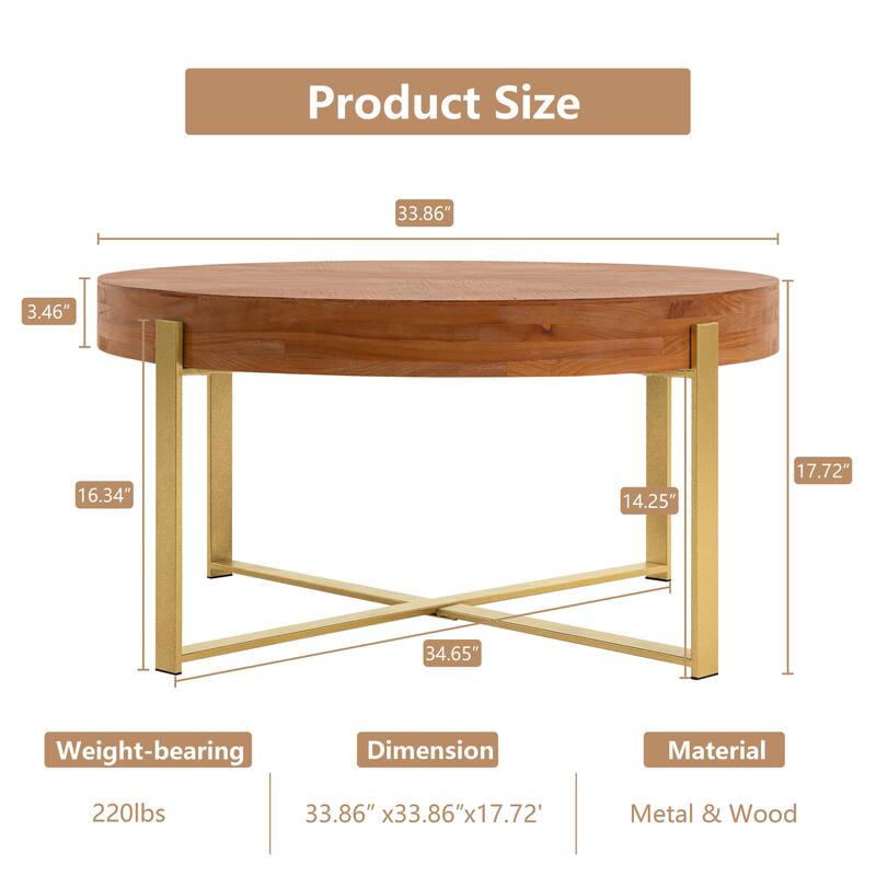 33.86" Modern Retro Splicing Wooden Round Coffee Table with Cross Legs Base