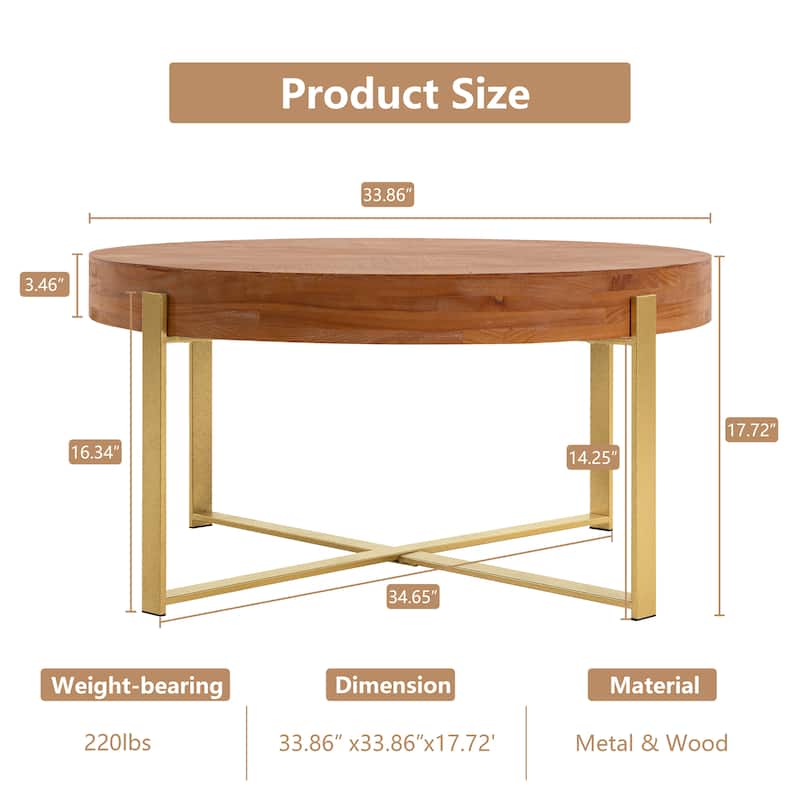 Modern Retro Splicing Round Coffee Table, Fir Wood Top with Cross Legs