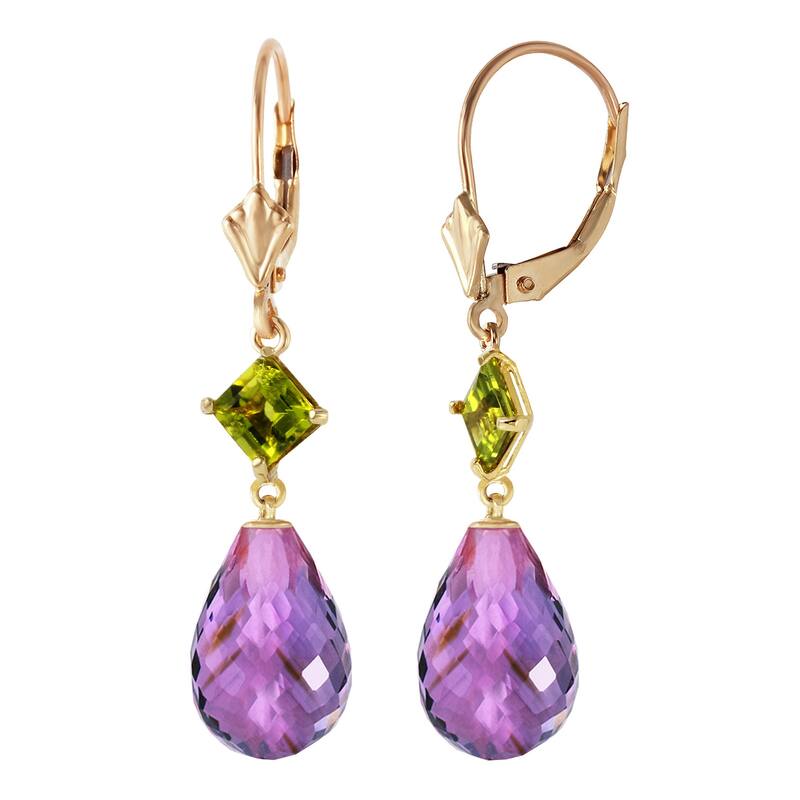 14K Solid Gold Leverback Gemstone Earrings w/ Peridots & Amethysts - Yellow