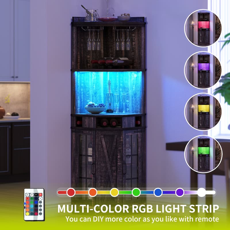 72" Tall Farmhouse Corner Bar Cabinet with Glass Door & LED Lights
