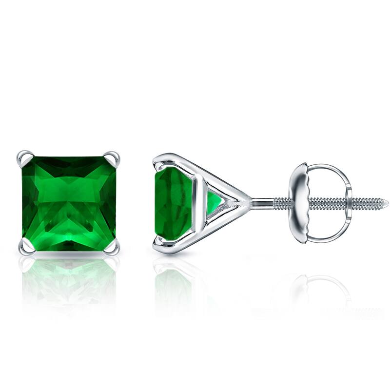 Auriya 14k Gold Lab Grown Gemstone Green Emerald Stud Earrings Princess 0.25 to 5.00 ct. tw. 4-Prong Martini Screw-Back - 2.00ct tgw. - White