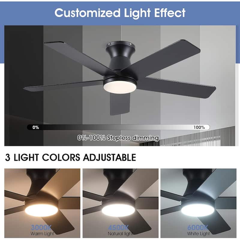 46"/52" Inches Flush Mount Modern Quiet Ceiling Fan with Light and Remote,5 Blades,for Living room,Bedroom