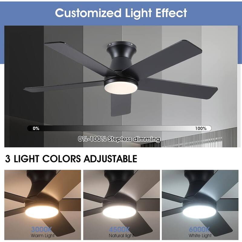 52 Inches Flush Mount Modern Quiet Ceiling Fan with Light and Remote APP Control 5 Dual Side Blades for Living Room Bedroom