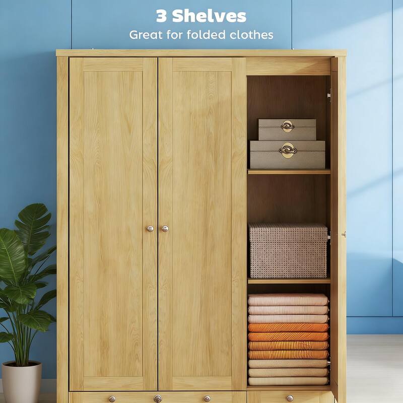 Rossetta 3-Door Modern Simple Adaptable Design Wardrobe Closet with Enclosed Shelves and Deep Bottom Drawer