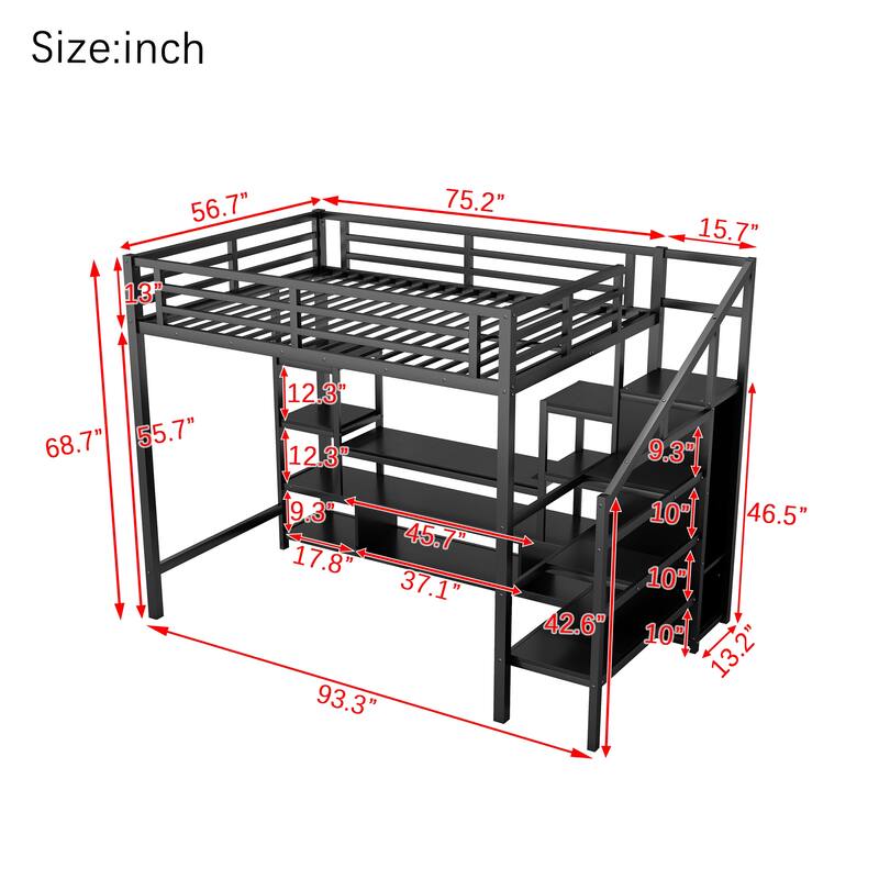 Full Size High Metal Loft Bed Frame with Entertainment TV Stand, Shelves, LED Light Strip, Charging Station, Staircase Wardrobe