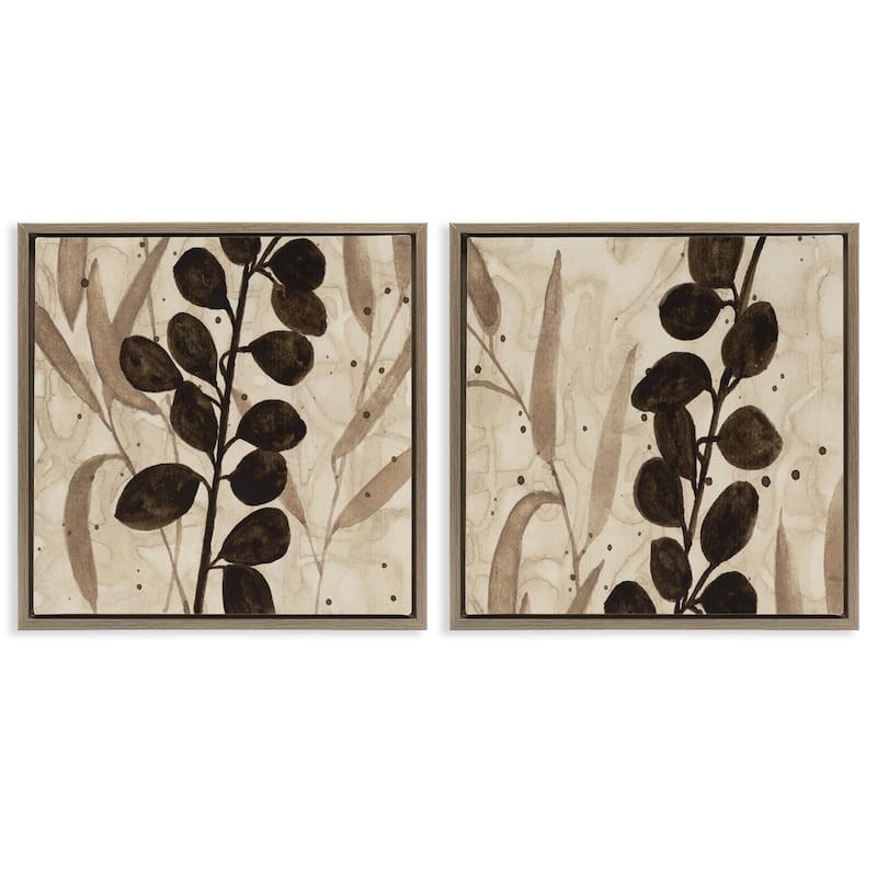 Stupell Natural Tone Sprouting Leaves Framed Floater Canvas Wall Art Design By Krinlox (Set of 2) - 25 x 25 - Brown