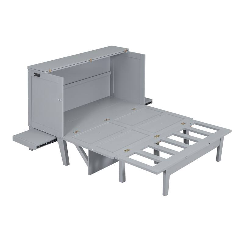 Full Size Murphy Bed Cabinet Bed with USB Port and Removable Shelves on Each Side, Two Movable Desks