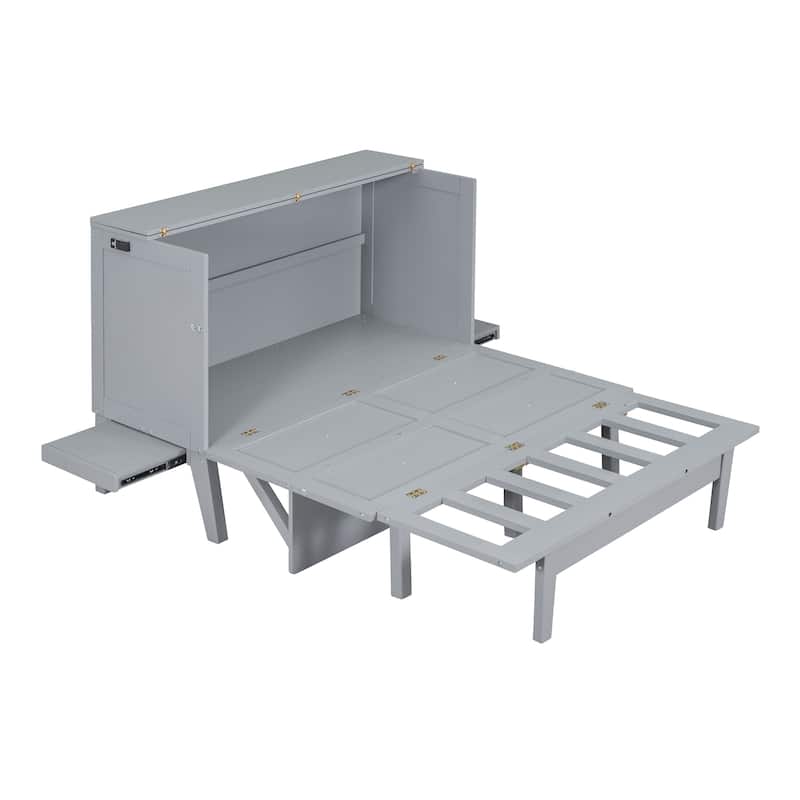 Full Size Murphy Bed with USB Port and removable Shelves on Each Side,Gray - N/A