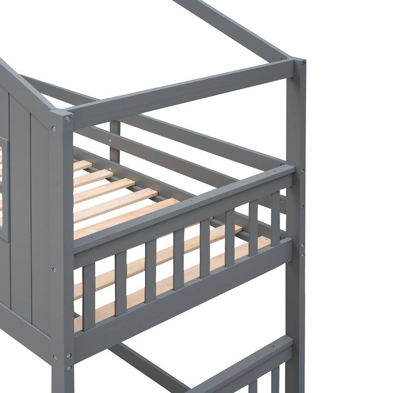 Roomfitters Twin Over Twin House Bunk Bed with Ladder, Playhouse Design Wood Frame