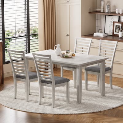 VECELO Solid Wood Dining Set Matte Gray Rubberwood Dining Set with 4 High-Back Chairs Modern Farmhouse 5-Piece Set