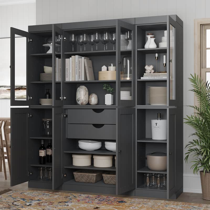 Palace Imports 100% Solid Wood 65" Pantry Cabinet with Clear Glass, Shaker Doors, 2-Drawers and Adjustable Shelves - Gray