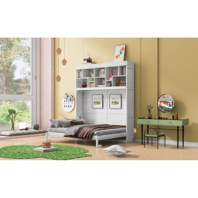 Queen Size Murphy Bed Wall Bed with Top Storage Shelves, Luxurious Foldable Storage Bed Frame with Charging Station
