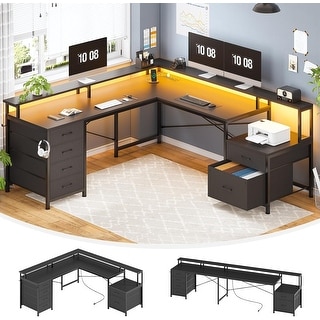 L Shaped Home Office Desk with 6 Drawer File Drawer Power Outlet - Bed ...