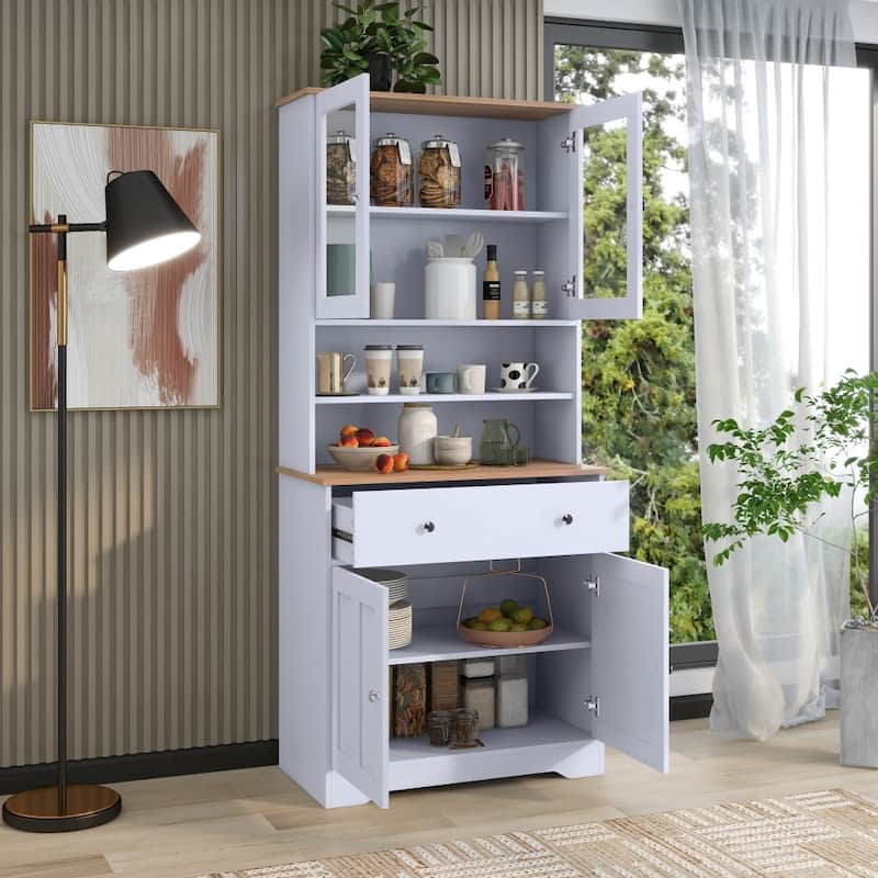 White Storage Cabinet with Glass Doors and Drawer and Adjustable Shelf