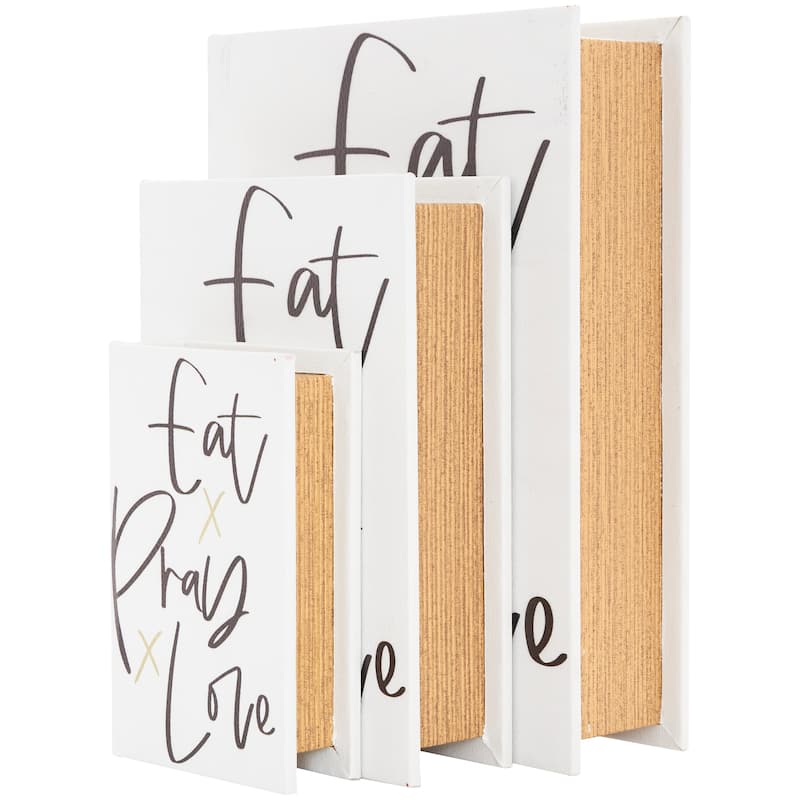 White Wooden Eat, Pray, Love Faux Storage Book Box with Checkered Spine and Gold Accents (Set of 3)