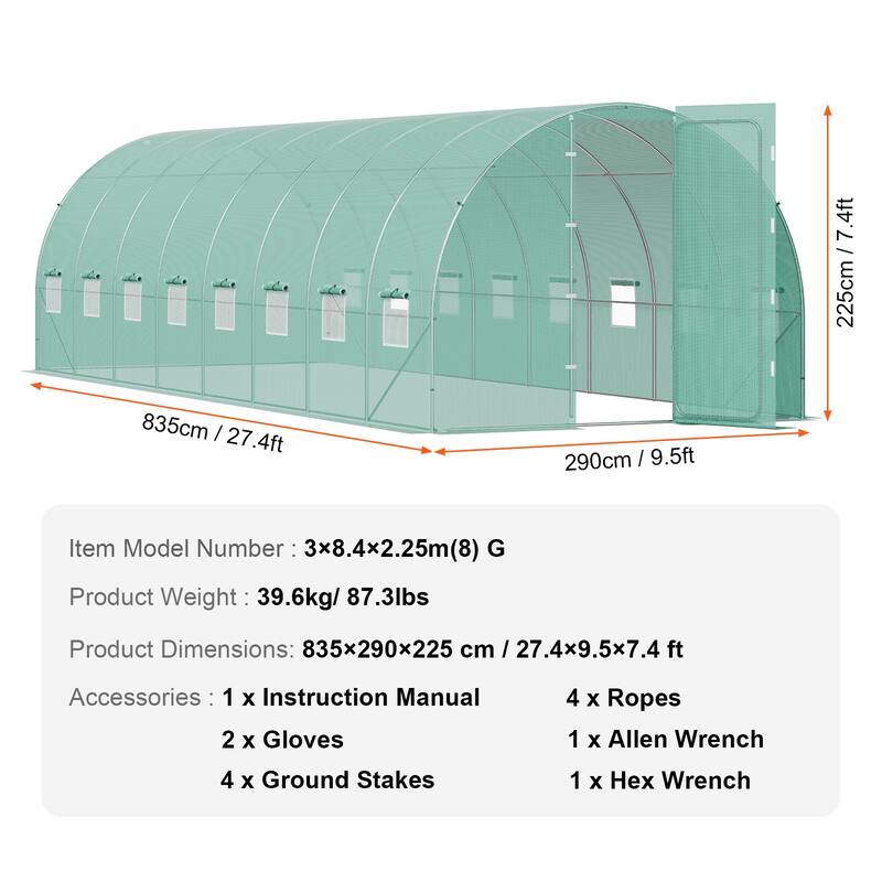 Walk-in Tunnel Greenhouse, Hoop House Greenhouse Tunnel, Plant Hot House with Galvanized Steel Frame, Green PE Cover