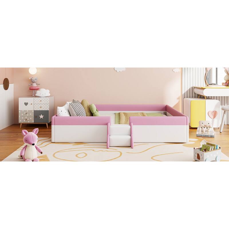 Roomfitters Twin/Full/Queen/King Size Upholstered Daybed Frame with Safety Fence and Stairs, PU Fabric Platform Bed with Slats